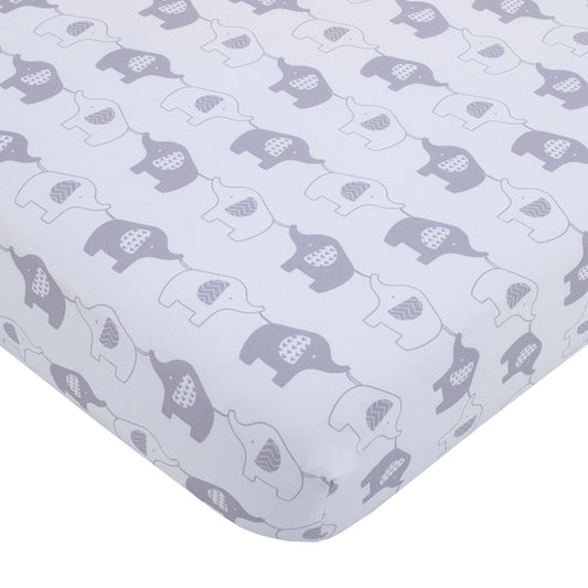 Elephant Stroll White and Gray Fitted Crib Sheet