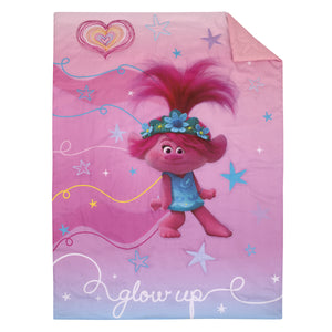 Trolls Show Up Glow Up Pink and Blue, Hearts and Stars 4 Piece Toddler Bed Set - Comforter, Fitted Bottom Sheet, Flat Top Sheet, and Reversible Pillowcase