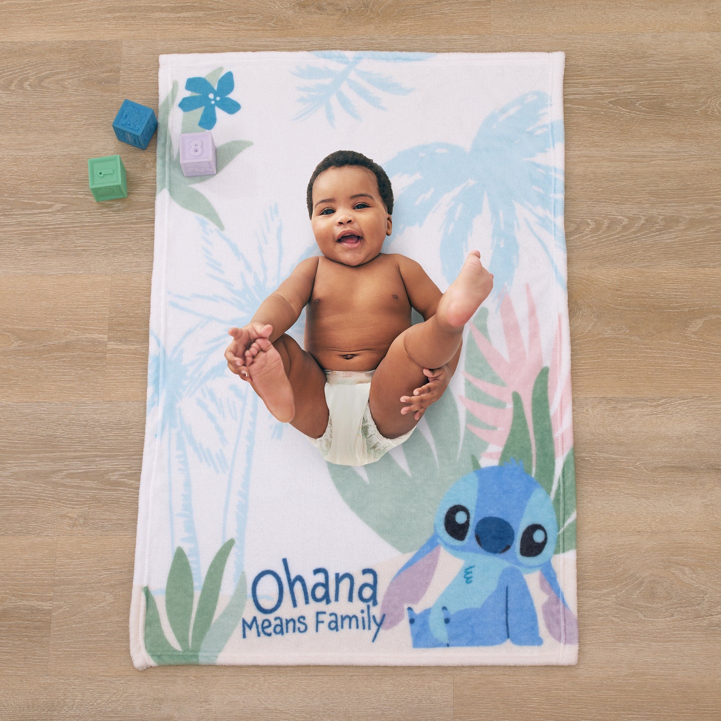 Disney Stitch Ohana Means Family Blue, Green, and White Super Soft Photo Op Baby Blanket