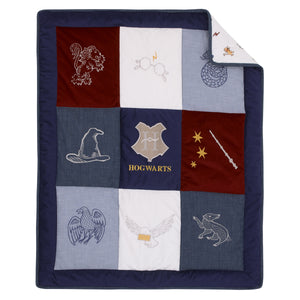 Warner Bros  Harry Potter Welcome Little Wizard Navy, Burgundy, Denim Blue and White, Appliqued 3 Piece Crib Bedding Set - Comforter, Fitted Crib Sheet, and Crib Skirt