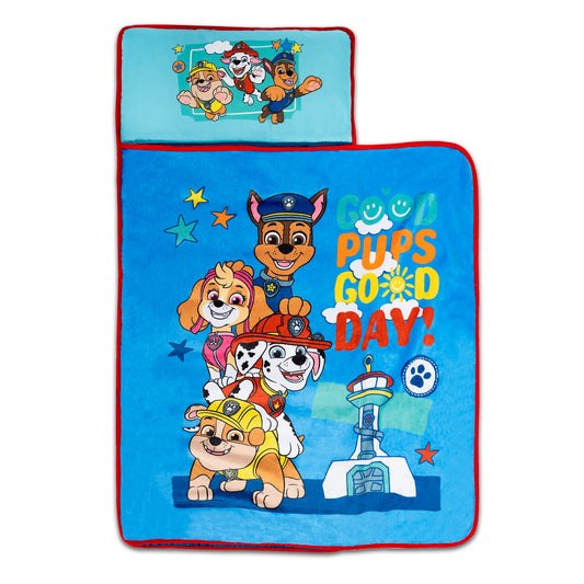 NoJo Paw Patrol "Good Pups Good Day" Toddler Nap Mat - Includes Attached Pillow and Fleece Blanket, Aqua, and Blue