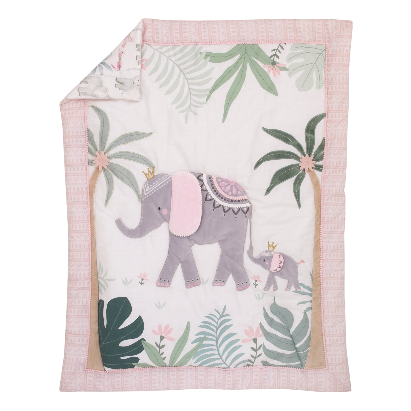 NoJo Tropical Princess Elephant /Jungle Pink and Green 4 Piece Crib Bedding Set - Comforter, Fitted Crib Sheet, Dust Ruffle and Storage