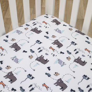 Carter's Woodland Friends White and Multi Colored Bear, Fox, Squirrel, Tree, and Camper Fitted Crib Sheet