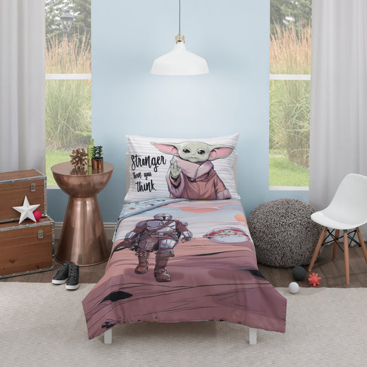 The Mandalorian Grey, Tan and Blue 4 Piece Toddler Bed Set - Comforter, Fitted Bottom Sheet, Flat Top Sheet, and Reversible Pillowcase