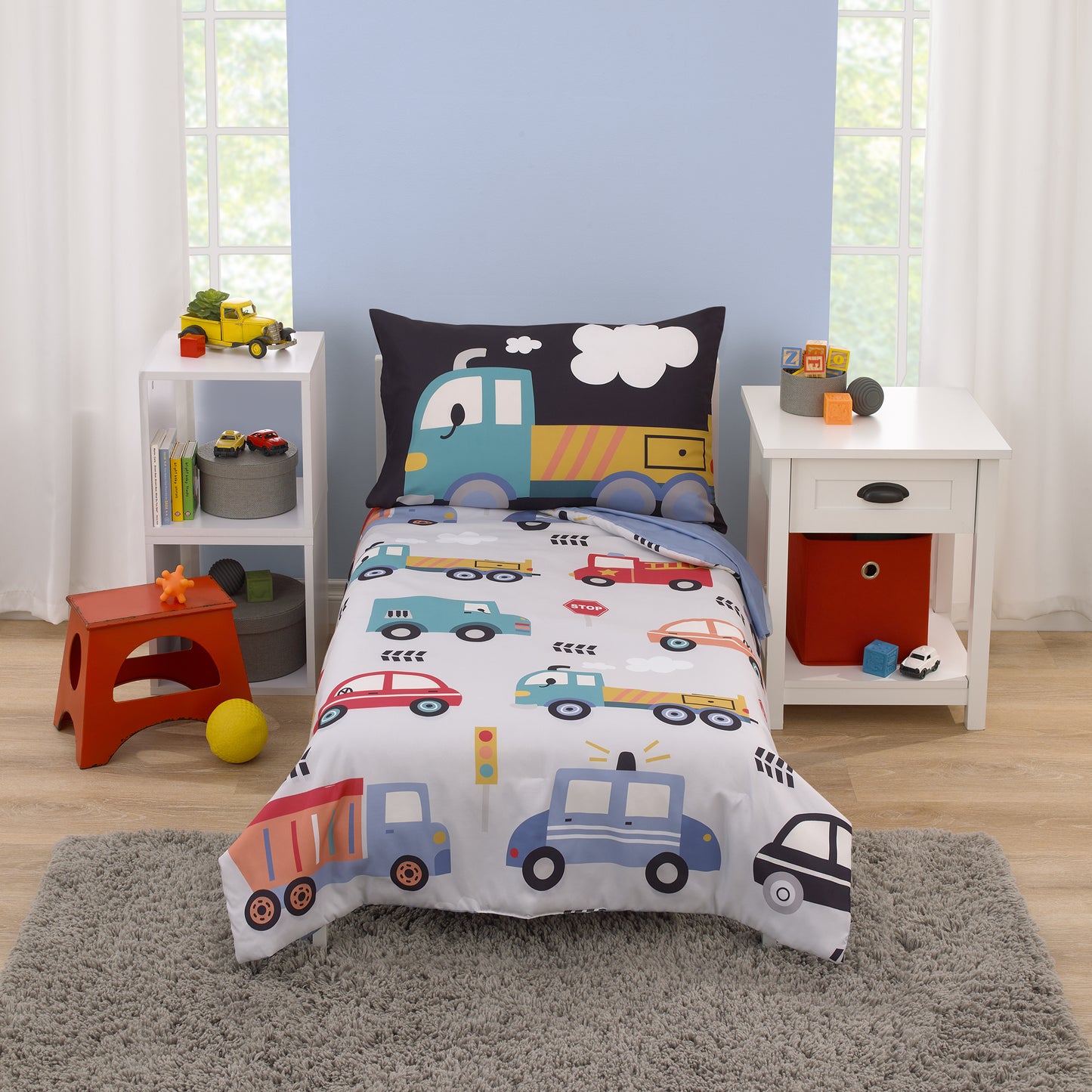 Everything Kids Transportation Gray, Blue, Red, and Yellow 4 Piece Toddler Bed Set - Comforter, Fitted Bottom Sheet, Flat Top Sheet, Reversible Pillowcase