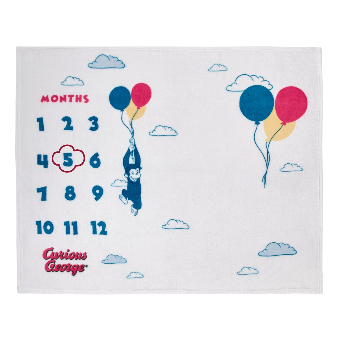 Welcome to the Universe Baby Curious George White, Blue, Red, and Yellow Balloons and Clouds Super Soft Milestone Baby Blanket