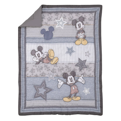 Disney Mighty Mickey Mouse Grey, White and Blue Stars, Stripes and Icons 3 Piece Nursery Crib Bedding Set - Comforter, Fitted Crib Sheet and Crib Skirt
