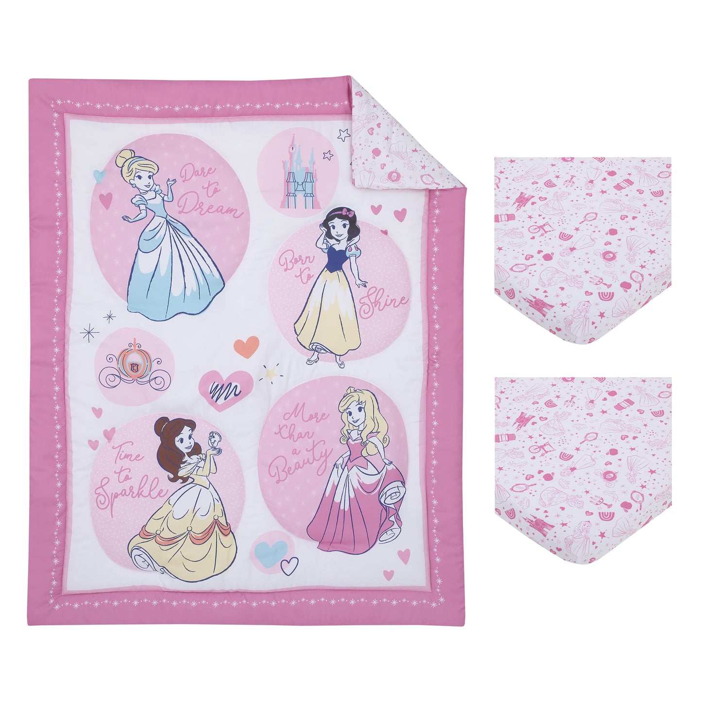 Disney Princess Dare to Dream 3 Piece Nursery Mini Crib Bedding Set - Comforter and Two Fitted Mini Crib Sheets