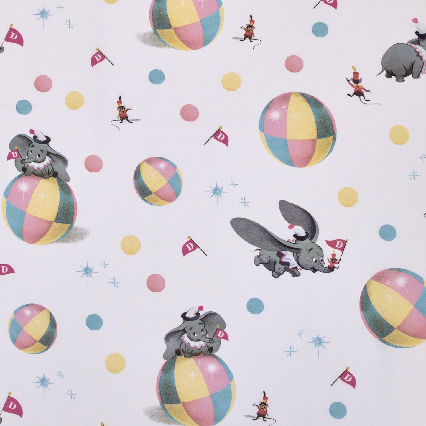 Disney Vintage Dumbo - Gray, White and Multi-Colored Circus Flags, Balls and Timothy Mouse Nursery Fitted Crib Sheet