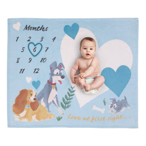 Disney Lady & the Tramp Blue, White, and Gold Love At First Sight Super Soft Photo Op Milestone Baby Blanket