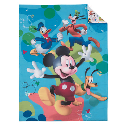 Disney Mickey Mouse Blue, Red, and Green, Donald Duck, Pluto, and Goofy, Fun Starts Here 4 Piece Toddler Bed Set - Comforter, Fitted Bottom Sheet, Flat Top Sheet, and Reversible Pillowcase