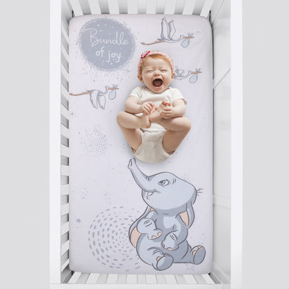 Disney Dumbo Sweet Little Baby Light Blue and White Storks "Bundle of Joy" 100% Cotton Photo Op Nursery Fitted Crib Sheet