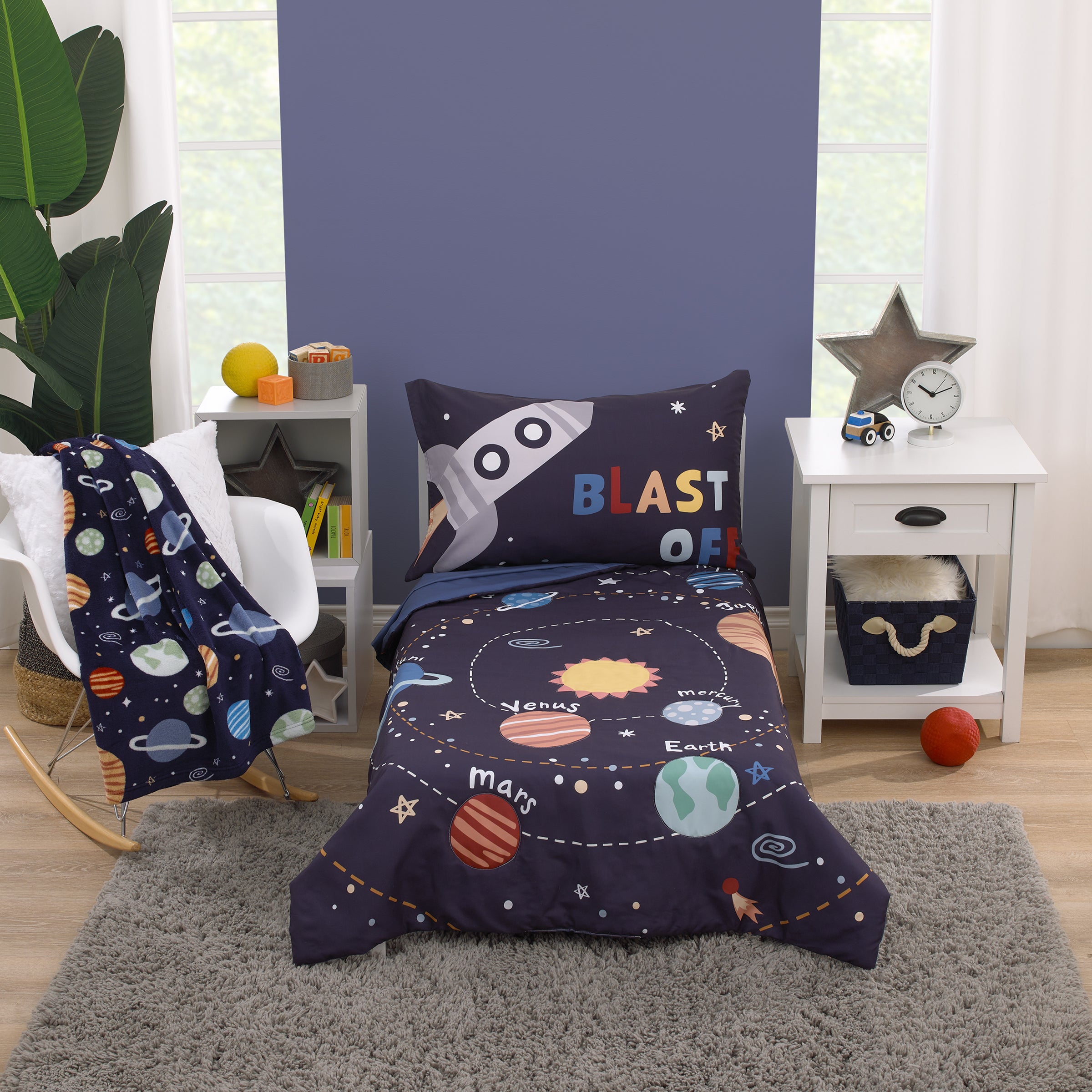 Everything Kids Solar System Navy Orange and Yellow Blast Off 4 Piece Toddler Bed Set Comforter Fitted Bottom Sheet Flat Top Sheet and Reversible Pillowcase NoJo Baby