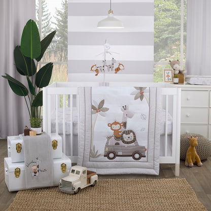 Little Love by NoJo Jungle Ride Grey, White and Tan, Monkey, Giraffe and Lion Super Soft Fitted Crib Sheet