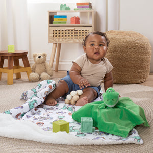 NoJo Disney Toy Story Play All Day Sherpa Baby Blanket - Woody, Buzz, Rex, Wheezy, and Hamm, Teal, Blue, and White