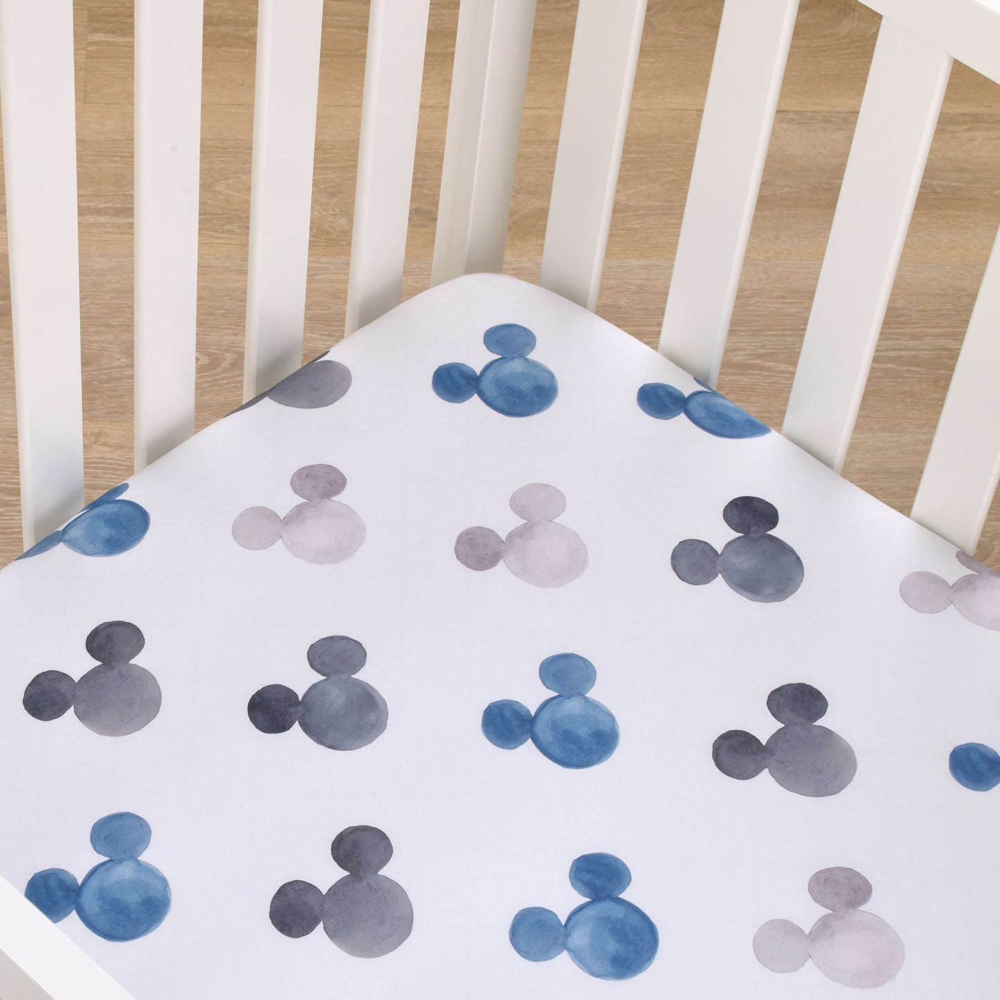 Disney Mickey Mouse - Black, White and Blue Watercolor Mickey Ears Nursery Fitted Crib Sheet