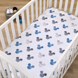 Disney Mickey Mouse - Black, White and Blue Watercolor Mickey Ears Nursery Fitted Crib Sheet