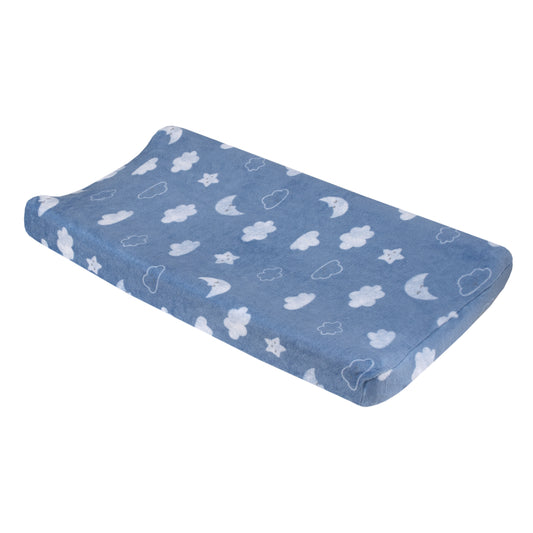 Blue Elephant - Chambray, and White Clouds, Moon and Stars Super Soft Contoured Changing Pad Cover