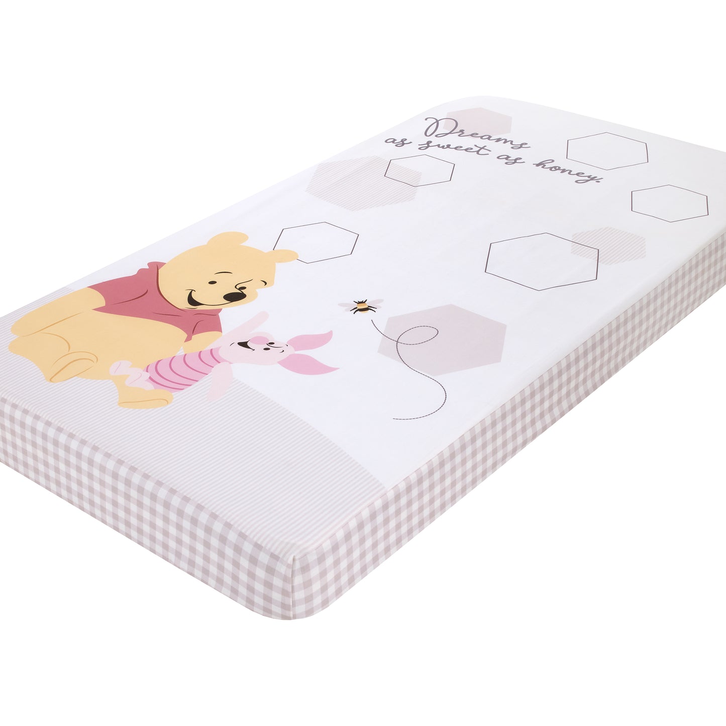 Disney Winnie the Pooh Hugs and Honeycombs Grey and White "Dreams as Sweet as Honey" with Hexagons and Piglet 100% Cotton Photo Op Fitted Crib Sheet