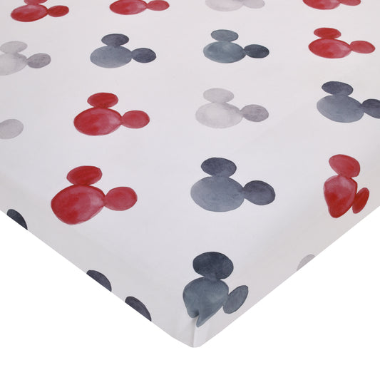 Disney Mickey Mouse - Black, White, Gray and Red Watercolor Mickey Ears Nursery Fitted Mini Crib Sheet