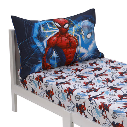 Marvel Spiderman to the Rescue Red, White, and Blue 2 Piece Toddler Sheet Set - Fitted Crib Sheet, and Reversible Pillowcase