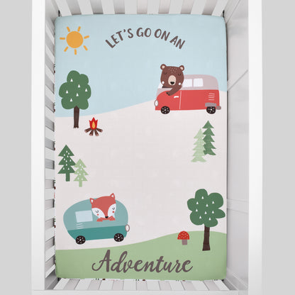 Little Love by NoJo Retro Happy Camper Green and White Let's Go On an Adventure Photo Op Fitted Mini Crib Sheet