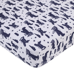 Little Love by NoJo Soar High Little One Navy, Light Blue, Orange, and White Airplanes, Clouds, and Stars 3 Piece Nursery Crib Bedding Set - Comforter, Fitted Crib Sheet and Crib Skirt