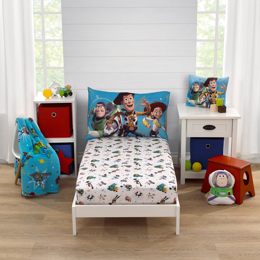 Disney Toy Story It's Play Time Blue, Green, and White, Woody and Buzz 2 Piece Toddler Sheet Set - Fitted Bottom Sheet and Reversible Pillowcase