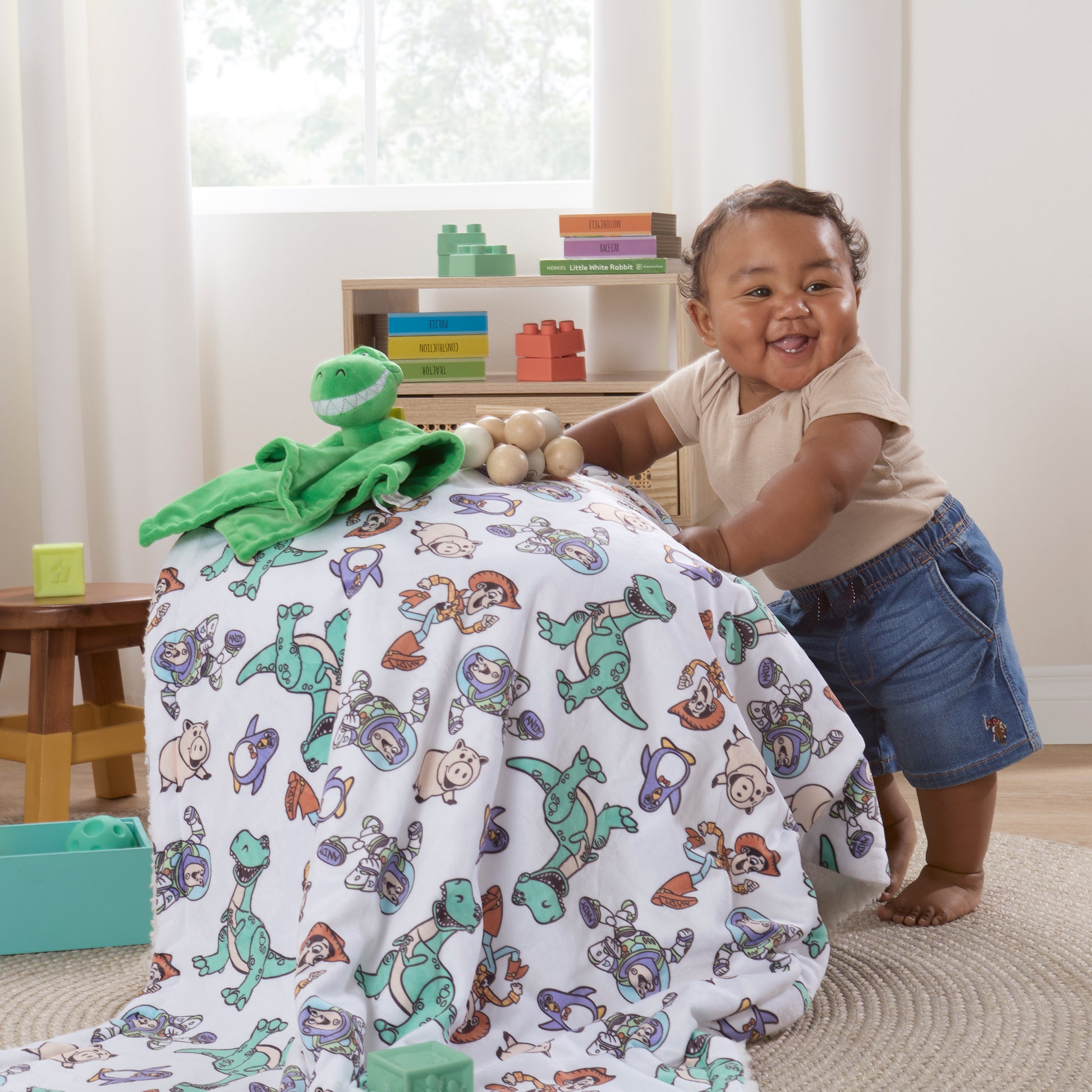 NoJo Disney Toy Story Play All Day Sherpa Baby Blanket - Woody, Buzz, Rex, Wheezy, and Hamm, Teal, Blue, and White