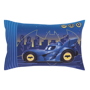 Warner Bros  Batwheels Ready to Roll Blue, Red, and Yellow 4 Piece Toddler Bed Set - Comforter, Fitted Bottom Sheet, Flat Top Sheet and Reversible Pillowcase