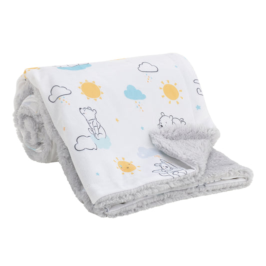 Disney Winnie the Pooh White, Yellow, and Aqua Sunshine and Clouds Super Soft Velboa with Sherpa Back Baby Blanket