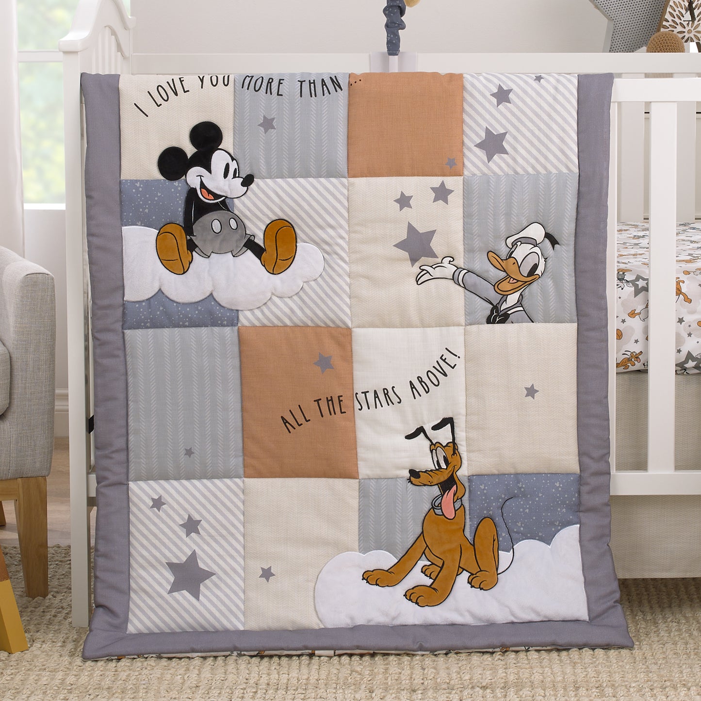 Disney Mickey Mouse Love Mickey Gray, Navy, and Tan Donald Duck and Pluto, Clouds and Stars 3 Piece Nursery Crib Bedding Set - Comforter, Fitted Crib Sheet, and Crib Skirt