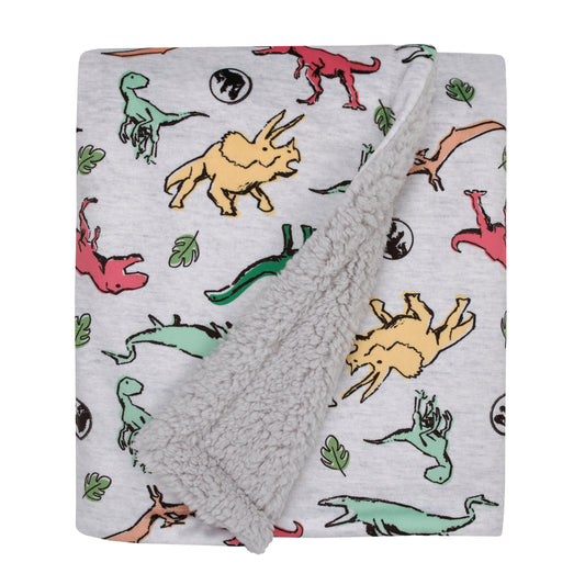 Welcome to the Universe Baby Jurassic World Grey, Green, Orange and Yellow Dinosaur Super Soft Sherpa Baby Blanket