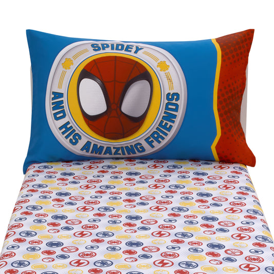 Marvel Spidey and His Amazing Friends Blue, Red, Yellow, and Green, Team Up 2 Piece Toddler Sheet Set