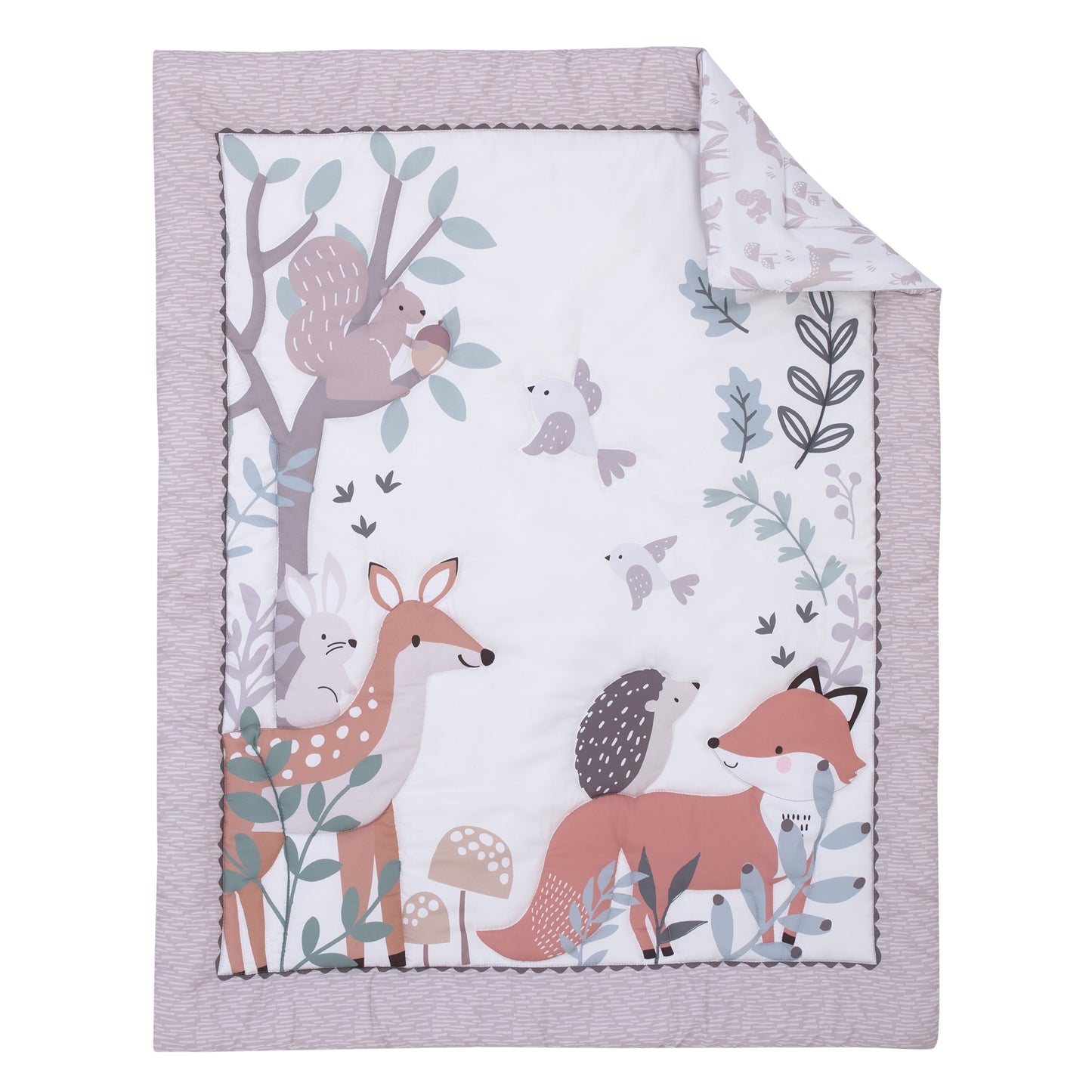 Little Love by NoJo Woodland Meadow Taupe, Sage and White, Fox, Deer, and Hedgehog 3 Piece Nursery Mini Crib Bedding Set - Mini Comforter, and Two Fitted Mini Crib Sheets