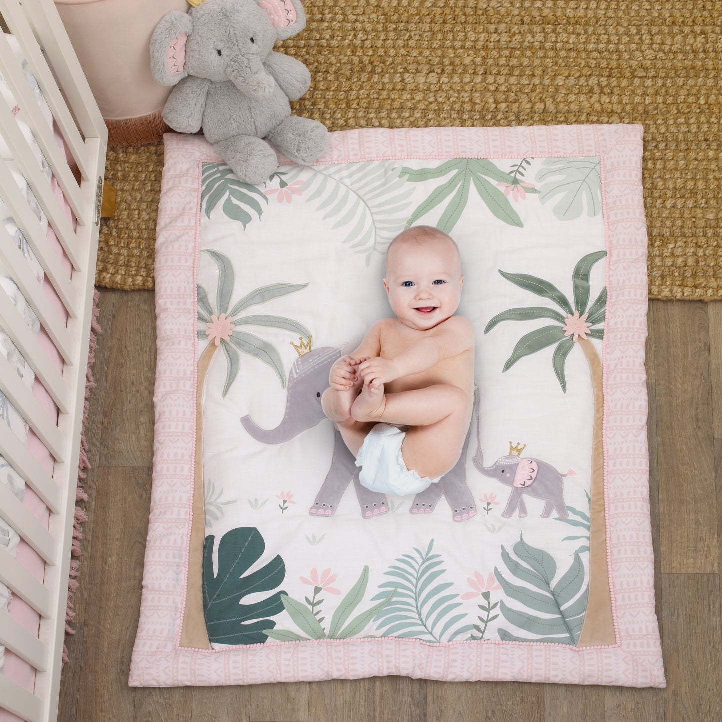 NoJo Tropical Princess Elephant /Jungle Pink and Green 4 Piece Crib Bedding Set - Comforter, Fitted Crib Sheet, Dust Ruffle and Storage