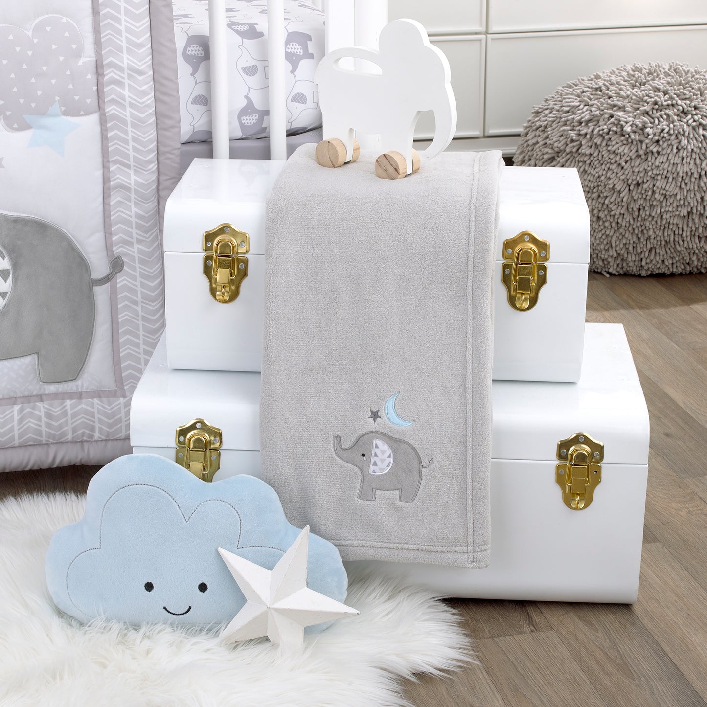 Little Love by NoJo Elephant Stroll Gray Star and Blue Moon Applique Super Soft Baby Blanket