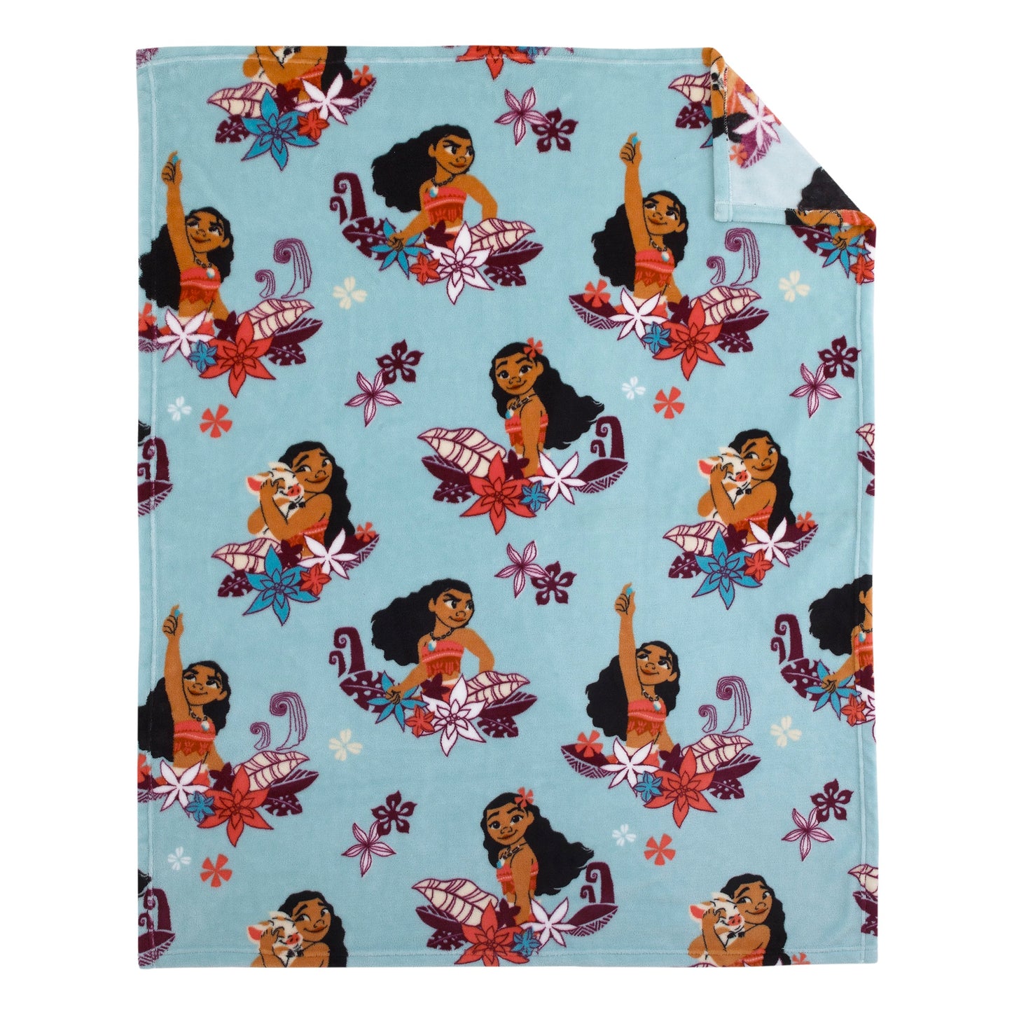 Disney Moana Feel The Waves Aqua, Coral and Violet with Pua Pig and Tropical Flowers Super Soft Toddler Blanket