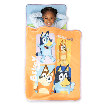 NoJo Bluey "For Real Life" Toddler Nap Mat - Includes Attached Pillow and Fleece Blanket, Orange, and Blue