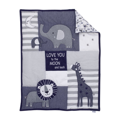 NoJo Love You To The Moon - Navy, Grey and Blue 4 Piece Nursery Crib Bedding Set with Comforter, Fitted Crib Sheet, Dust Ruffle, Diaper Stacker