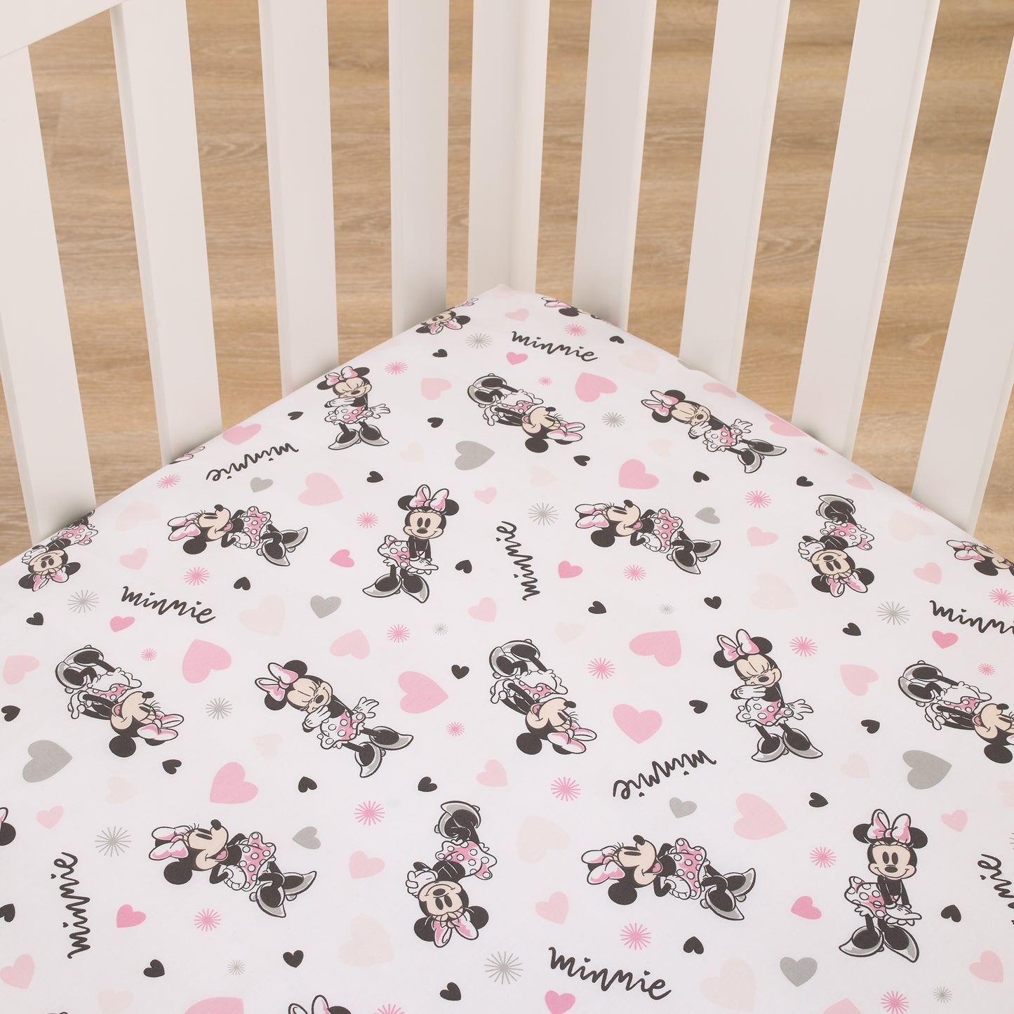 Disney Minnie Mouse My Happy Place Pink, Black, Gray, and White 100% Cotton Nursery Fitted Crib Sheet