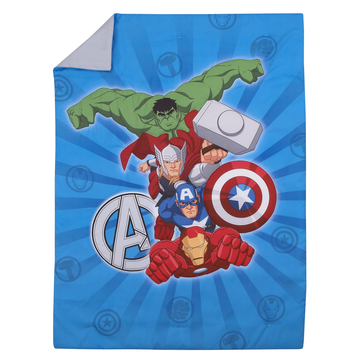 Marvel Avengers Team Blue, Red, and Green Hulk, Captain America, Iron Man, and Thor 4 Piece Toddler Bed Set - Comforter, Fitted Bottom Sheet, Flat Top Sheet, and Reversible Pillowcase