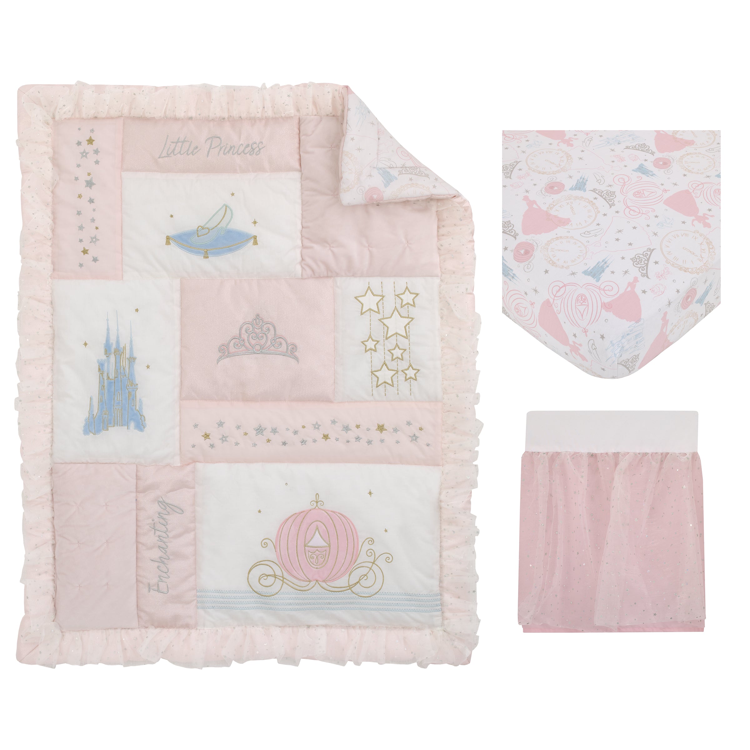 Disney Princess Enchanting Dreams Pink and White 3 Piece Nursery Crib Bedding Set Comforter 100 Cotton Fitted Crib Sheet and Crib Skirt NoJo Baby