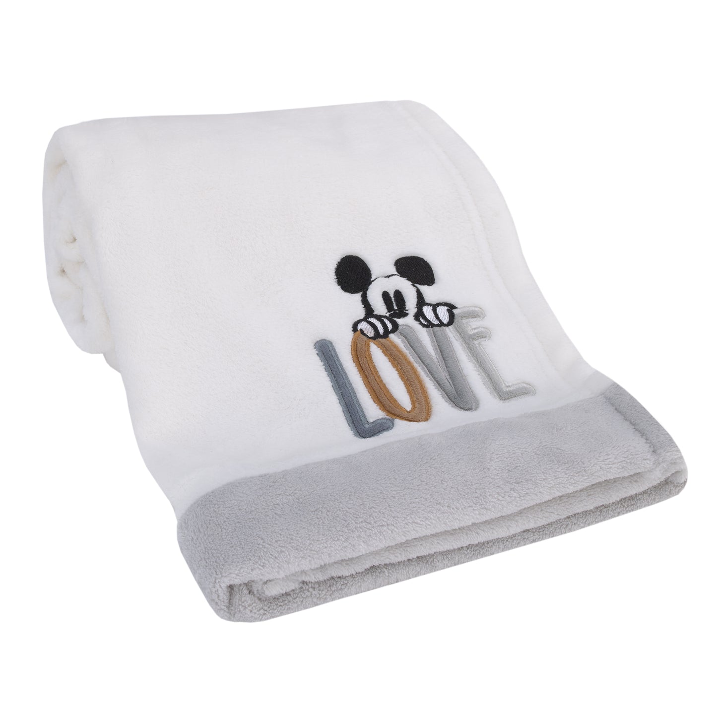 Disney Mickey Mouse Love Mickey White, Gray, and Tan Love Applique Super Soft Baby Blanket