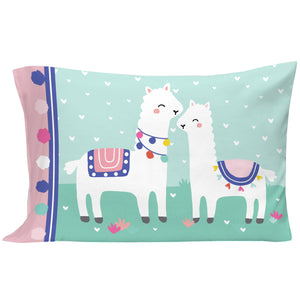 Everything Kids Pink and Mint Llama 4 Piece Toddler Bed Set - Comforter, Fitted Bottom Sheet, Flat Top Sheet, Reversible Pillowcase