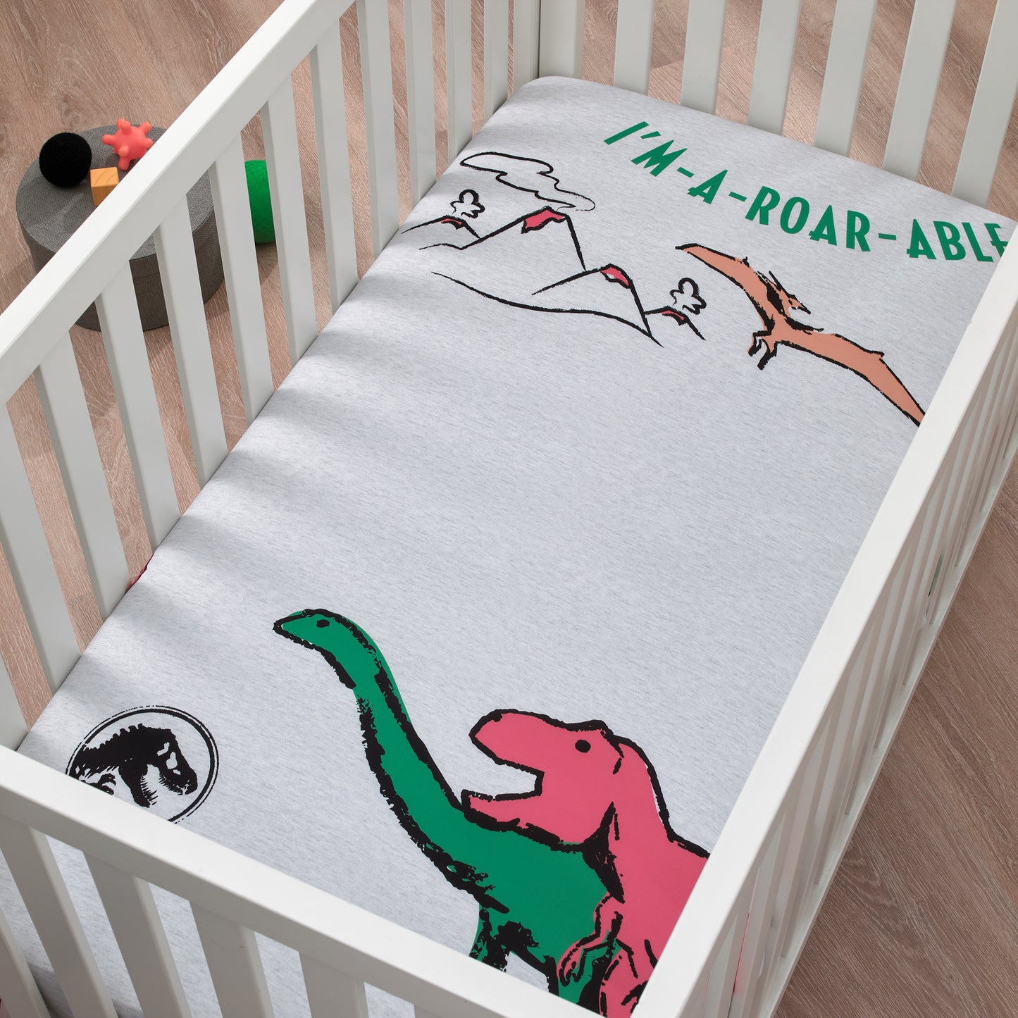Welcome to the Universe Baby Jurassic World Grey, Green, Orange and Yellow Dinosaur I'M-A-ROAR-ABLE Photo-Op Nursery Fitted Crib Sheet