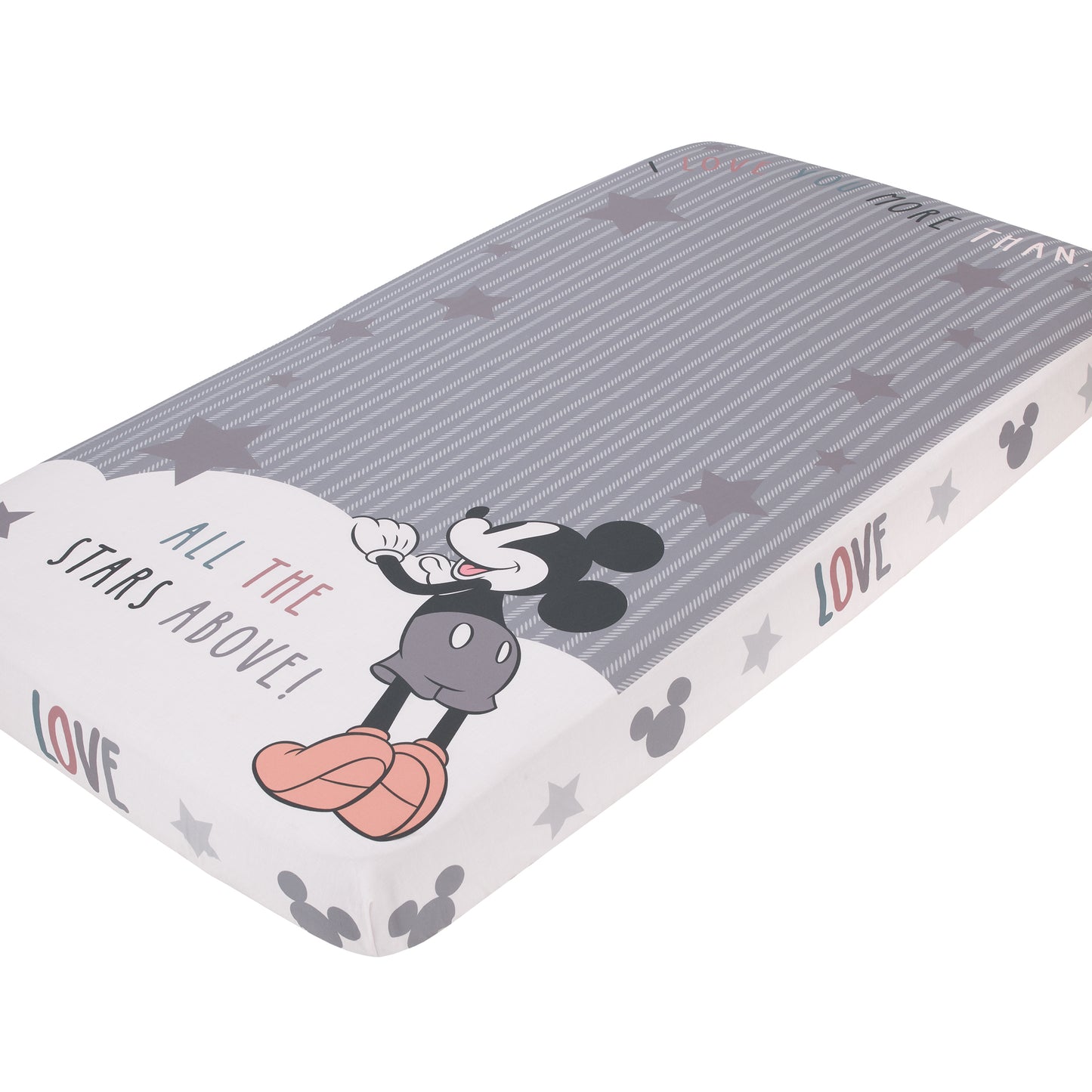 Disney Mickey Mouse Love Mickey Gray, White, and Tan I Love You More Than All The Stars Above Photo Op 100% Cotton Fitted Crib Sheet