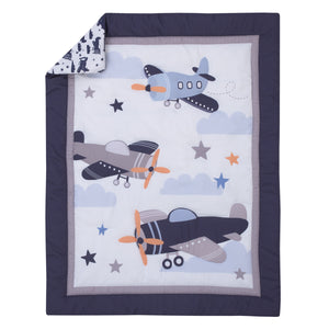 Little Love by NoJo Soar High Little One Navy, Light Blue, Orange, and White Airplanes, Clouds, and Stars 3 Piece Nursery Mini Crib Bedding Set - Comforter, and Two Fitted Mini Crib Sheets