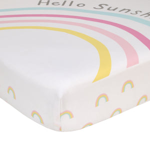 NoJo Happy Days Pink, Yellow, Blue and White, Rainbows and Hello Sunshine 100% Cotton Photo Op Nursery Fitted Crib Sheet