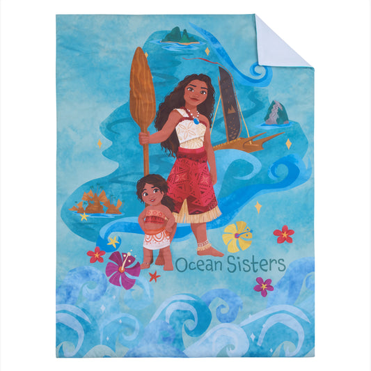 NoJo Disney Moana 2 Ocean Sisters 4 Piece Toddler Bed Set - Comforter, Fitted Bottom Sheet, Flat Top Sheet, Reversible Pillowcase, Aqua, and Orange
